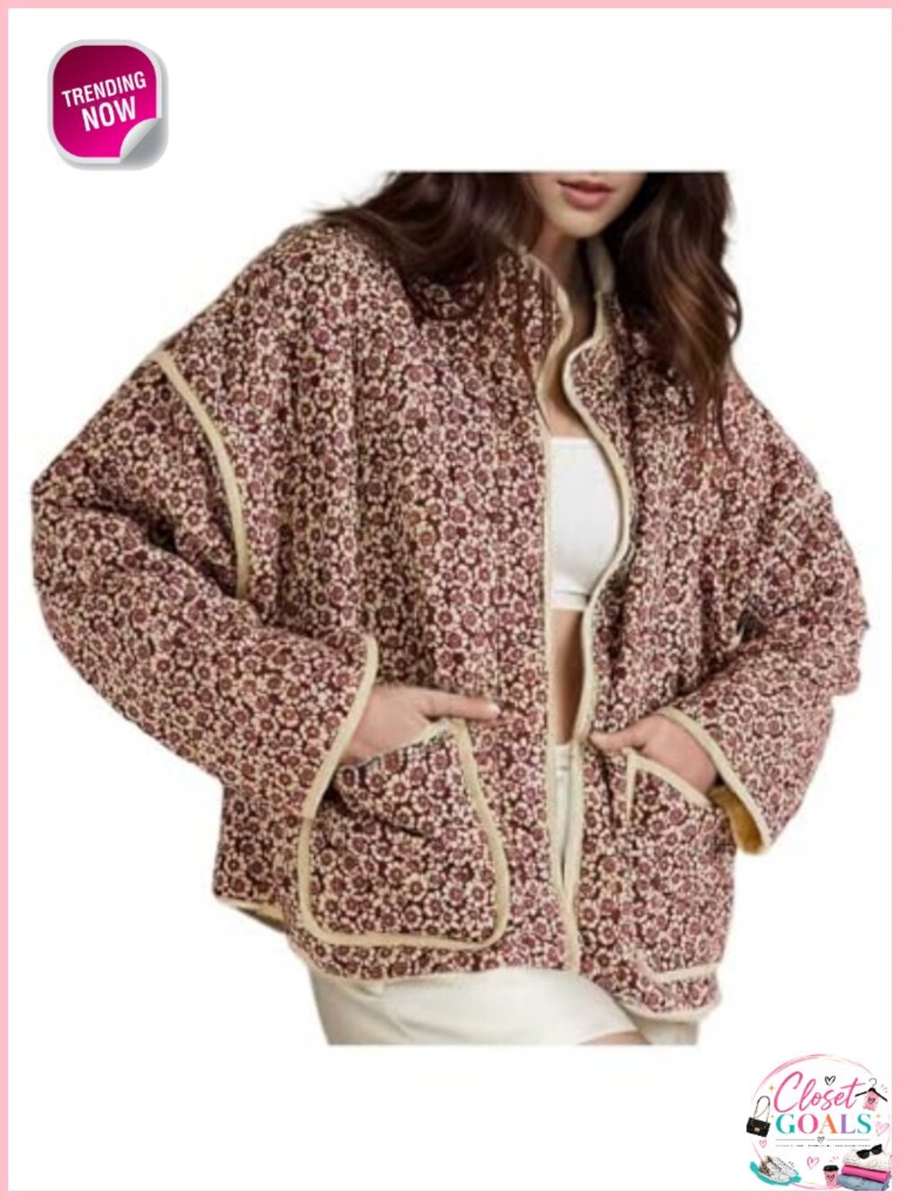 Women's Floral Quilted Cropped Puffer Jacket Button Up Lightweight Warm Coat